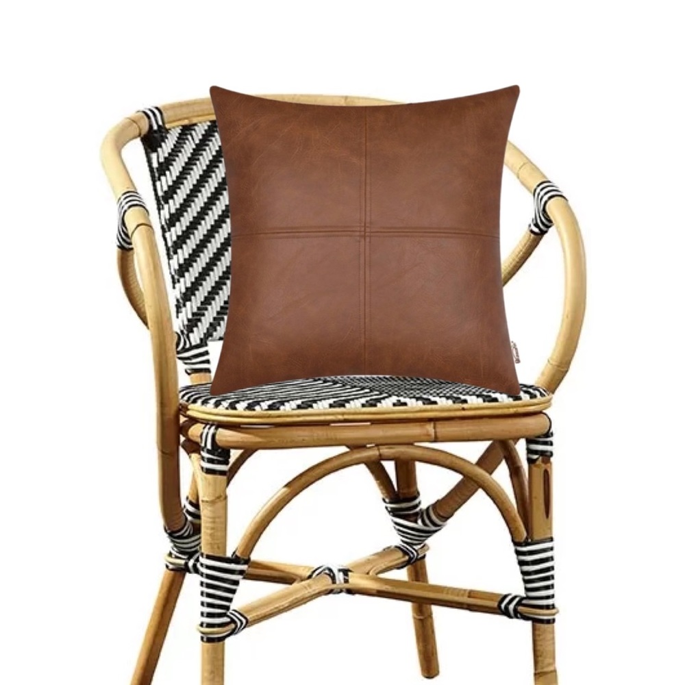 Luxury Home | Rustic Boho Brown Faux Leather Double Stitched Throw Pillow Cover
